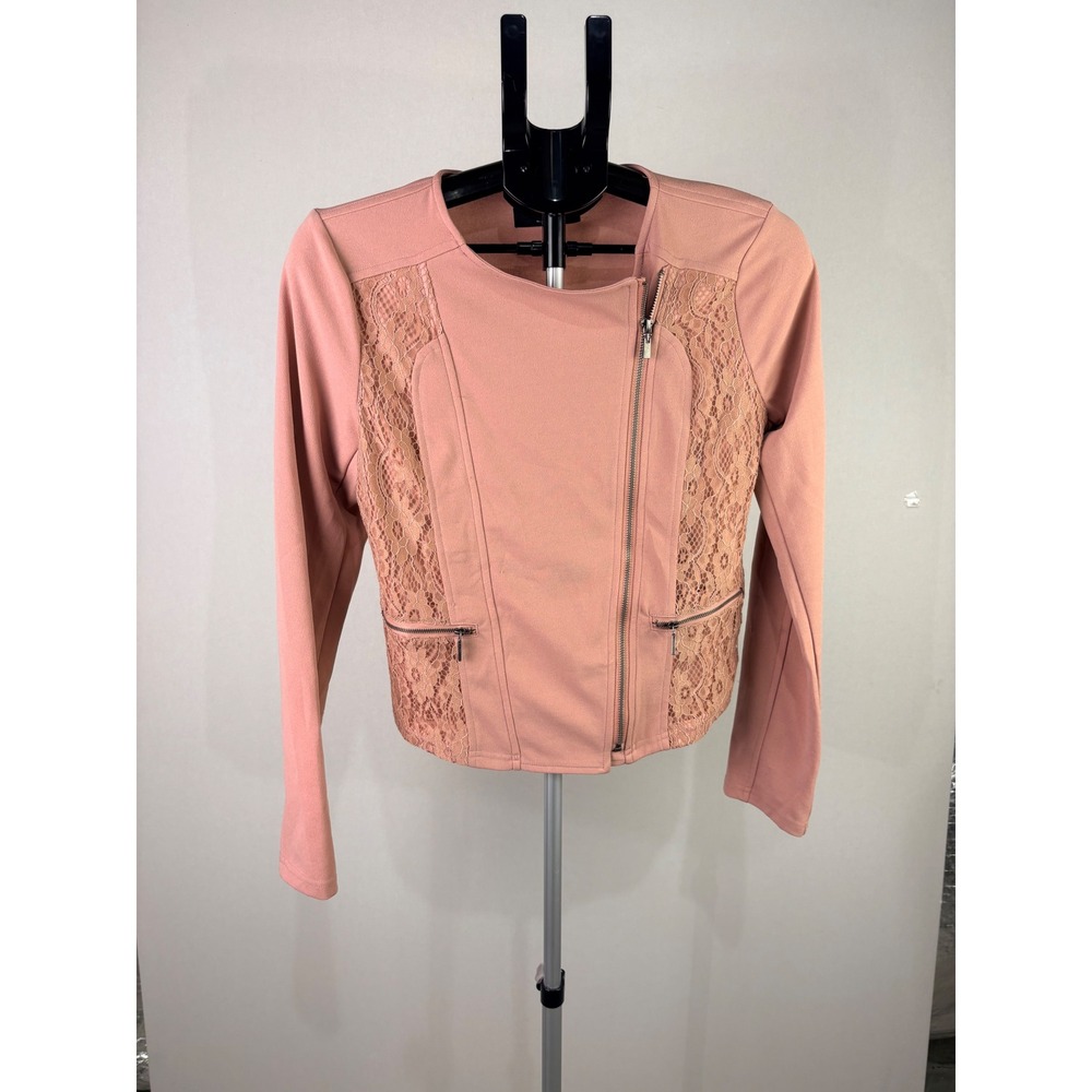 Active USA Womens Dusty Rose Lace Panel Asymmetrical Zip Moto Jacket J3921 Large
